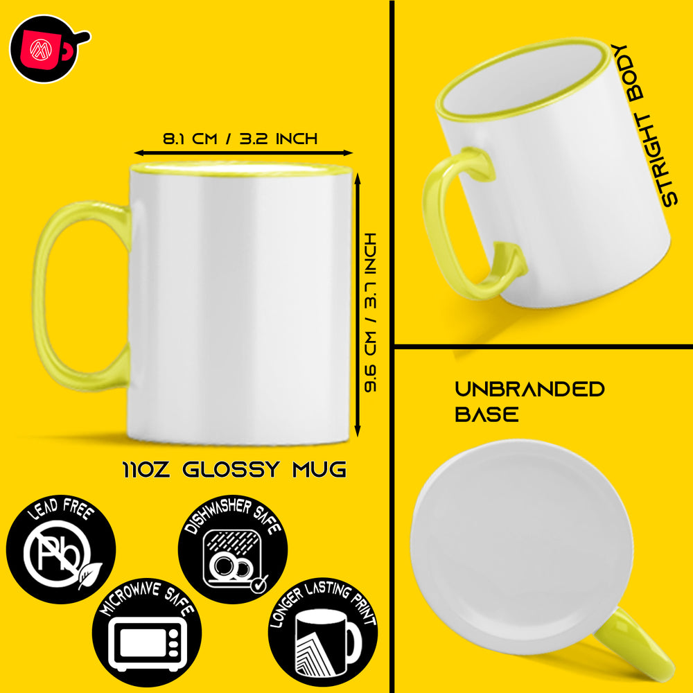 8 Pcs Yellow Sublimation 11oz Rim Handle Mugs: Includes Shipping Boxes with Foam Support.