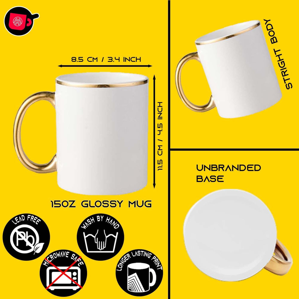 Gold Rim Handle Sublimation Mugs - Set of 4 (15oz) | Foam Support Boxes Included.