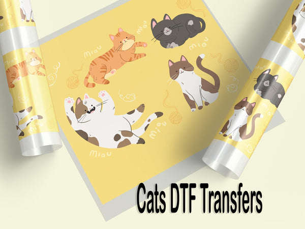 Direct to Film Transfer Design Collection showcasing vibrant cat-inspired patterns