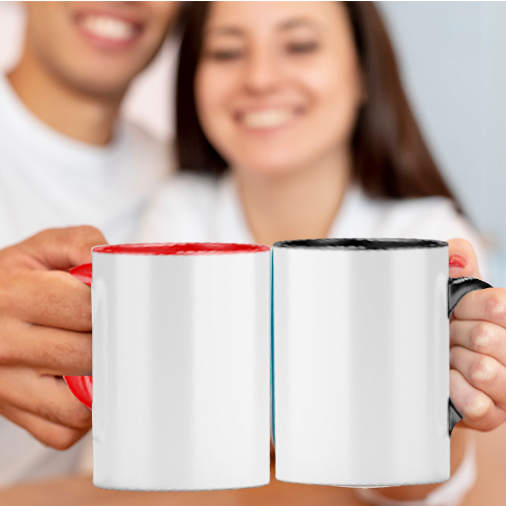 Joyful Couple Embracing, Holding Inner and Handle of Sublimation Mugs in Close-Up View