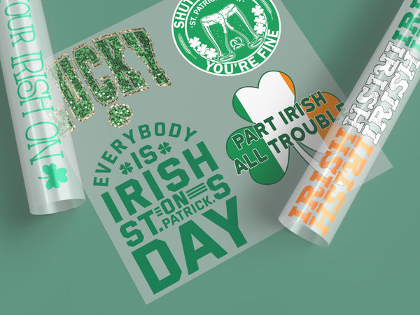 St. Patrick's Day Ready-to-Press DTF Transfer Designs Collection featuring vibrant, festive designs for custom apparel like t-shirts and hoodies