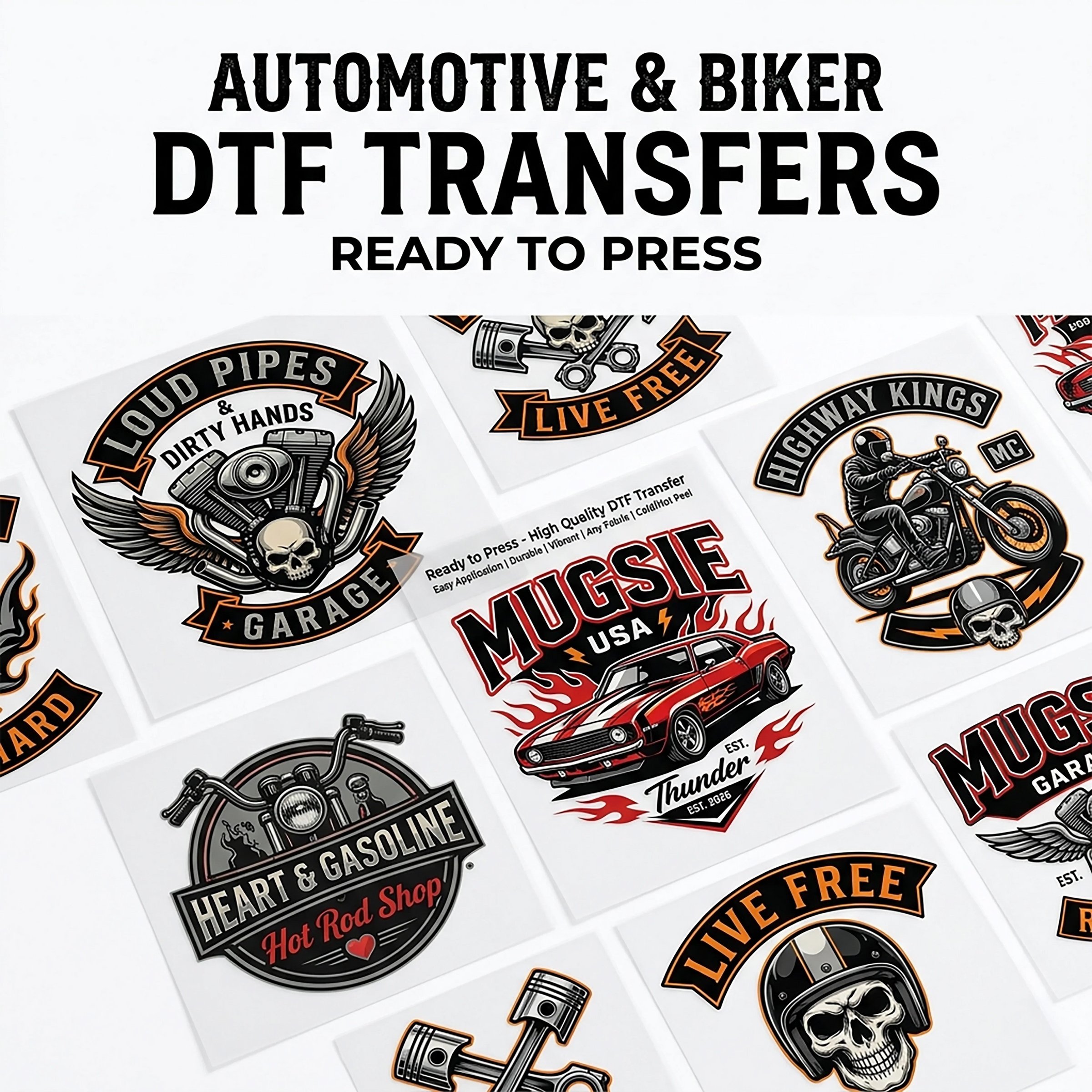 Automotive & Biker DTF Transfers Ready To Press — motorcycle, skull, hot rod and garage designs