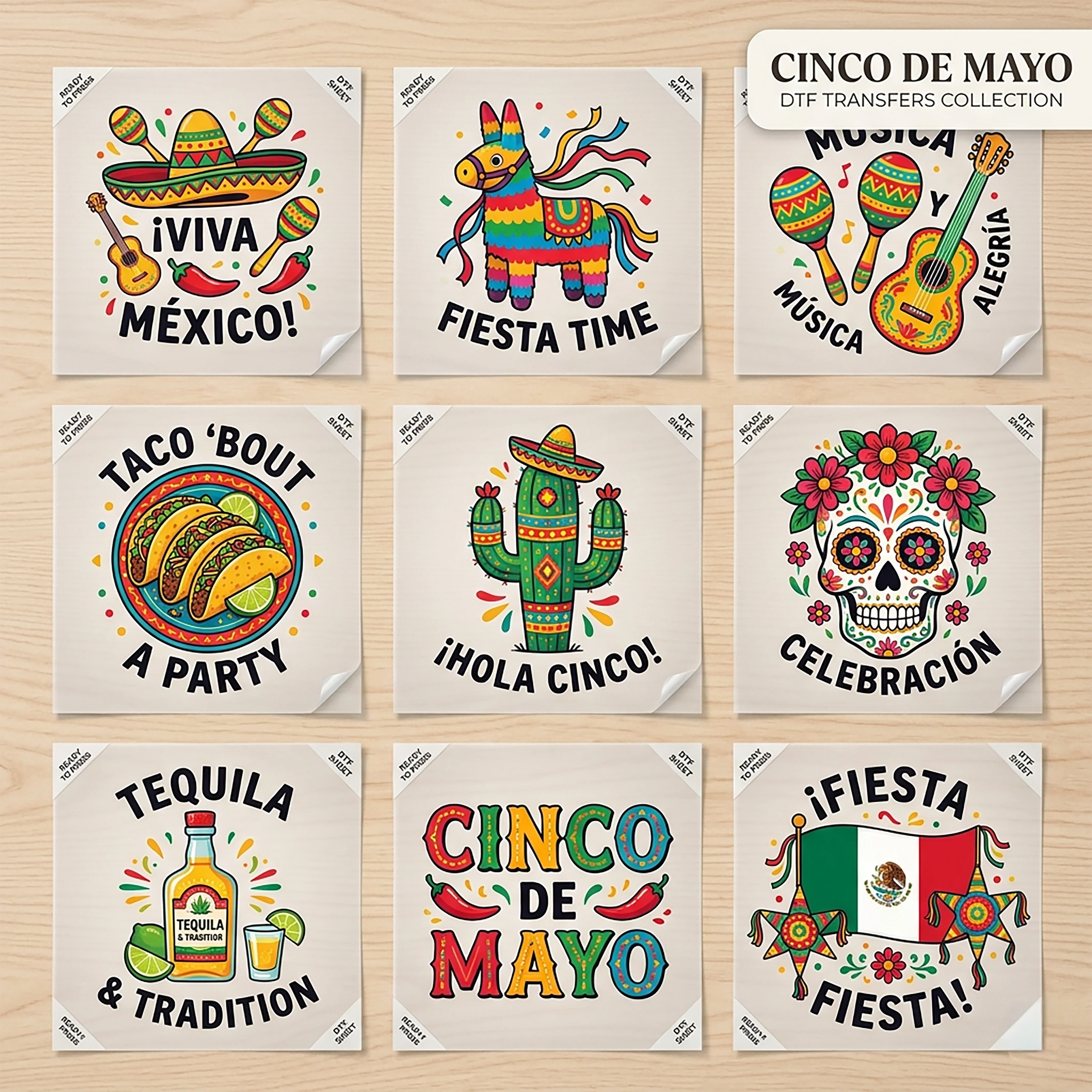 Cinco de Mayo DTF Transfers Ready To Press — fiesta, sugar skull, sombrero, pinata and taco designs including Viva Mexico, Fiesta Time and Tequila & Tradition