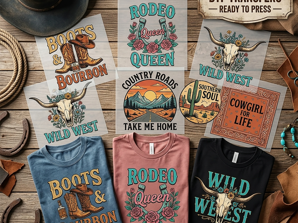 Western & Country DTF Transfers Ready To Press — Boots & Bourbon, Rodeo Queen, Wild West longhorn skull, Country Roads Take Me Home, Southern Soul and Cowgirl for Life designs shown on denim blue, dusty rose and black t-shirts by Mugsie