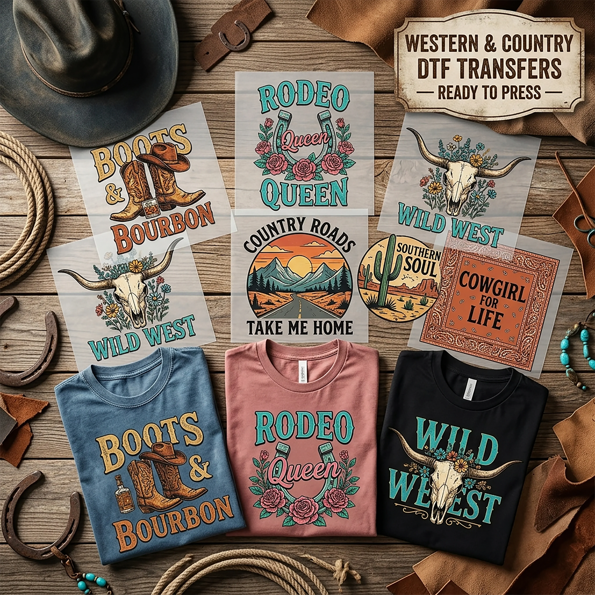 Western & Country DTF Transfers Ready To Press — Boots & Bourbon, Rodeo Queen, Wild West longhorn skull, Country Roads Take Me Home, Southern Soul and Cowgirl for Life designs shown on denim blue, dusty rose and black t-shirts by Mugsie