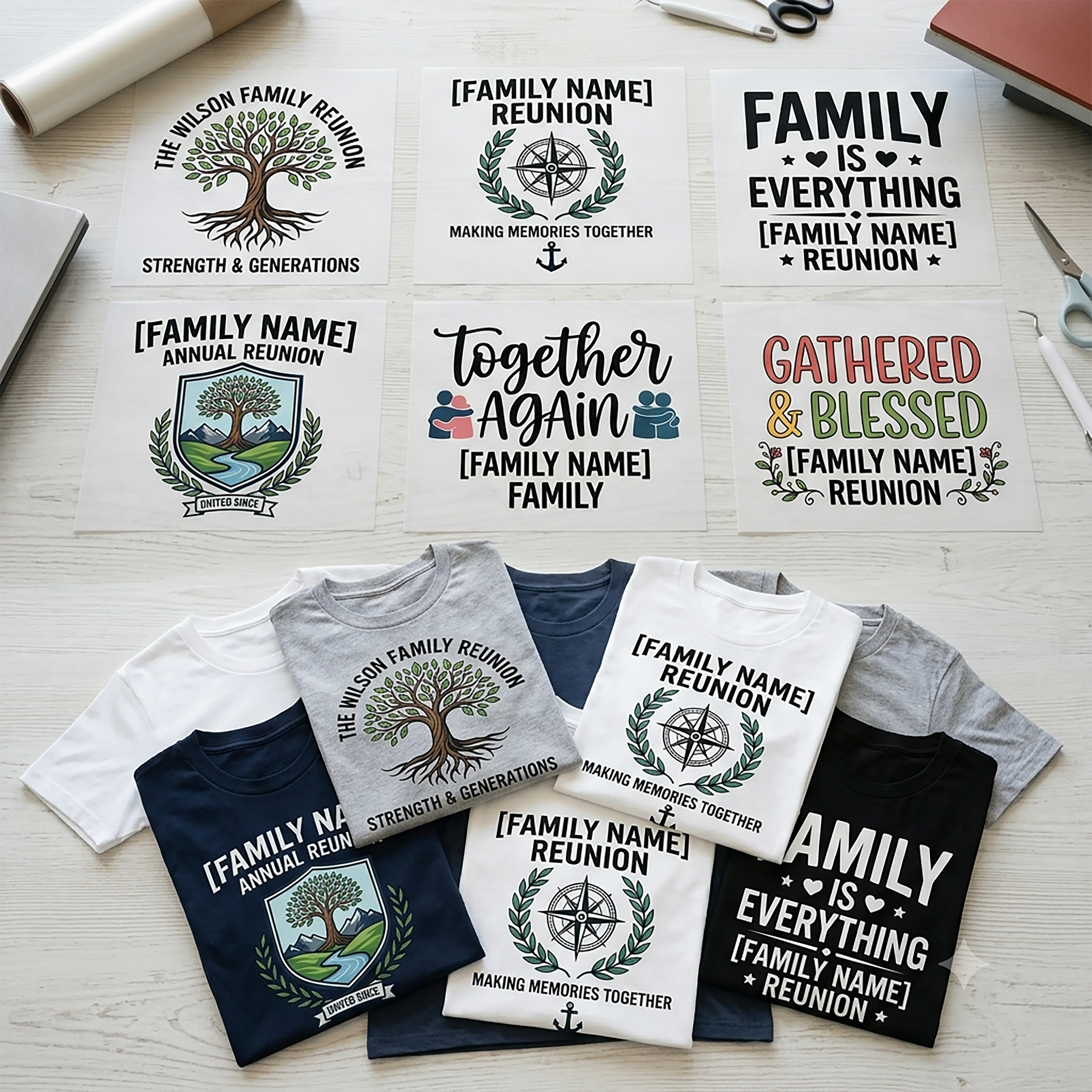 Family Reunion DTF Transfers Ready To Press — matching family name, Together Again, Gathered & Blessed and Family is Everything designs shown on folded t-shirts by Mugsie