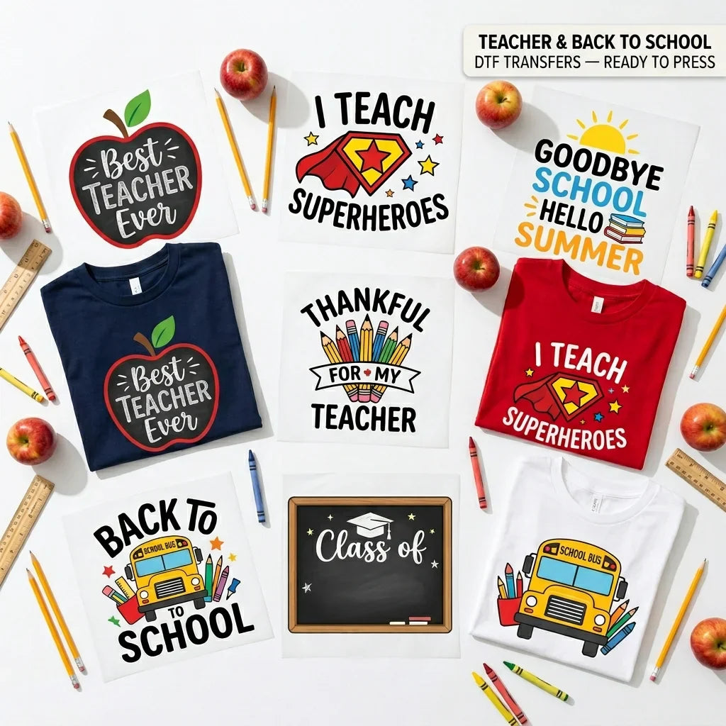 Teacher & Back to School DTF Transfers Ready To Press — Best Teacher Ever, I Teach Superheroes, Goodbye School Hello Summer, Thankful for My Teacher, Back to School bus and Class of designs shown on navy, red and white t-shirts by Mugsie