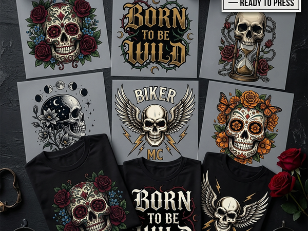 Skull & Gothic DTF Transfers Ready To Press — sugar skull roses, Born to be Wild, memento mori, moon skull and Biker MC wing designs shown on folded black t-shirts by Mugsie
