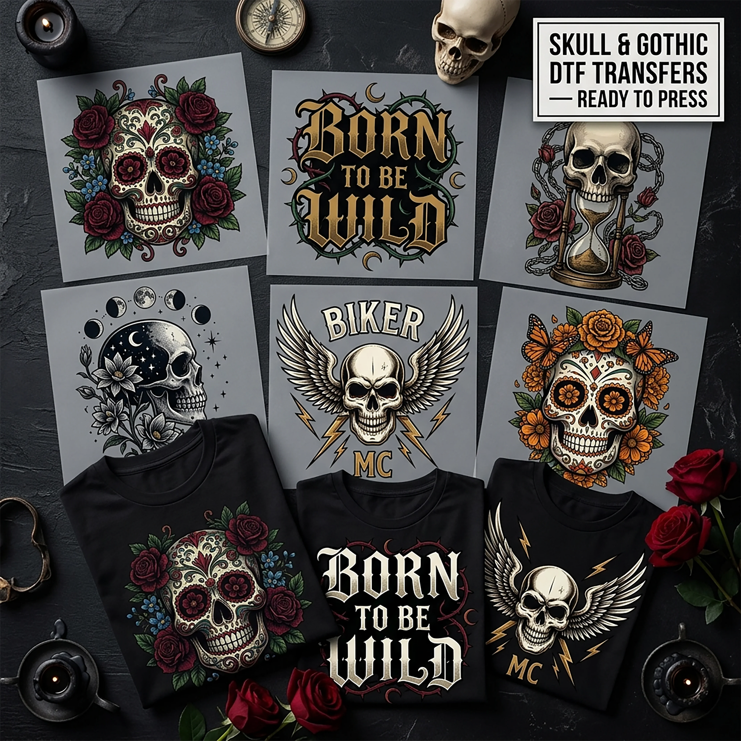 Skull & Gothic DTF Transfers Ready To Press — sugar skull roses, Born to be Wild, memento mori, moon skull and Biker MC wing designs shown on folded black t-shirts by Mugsie