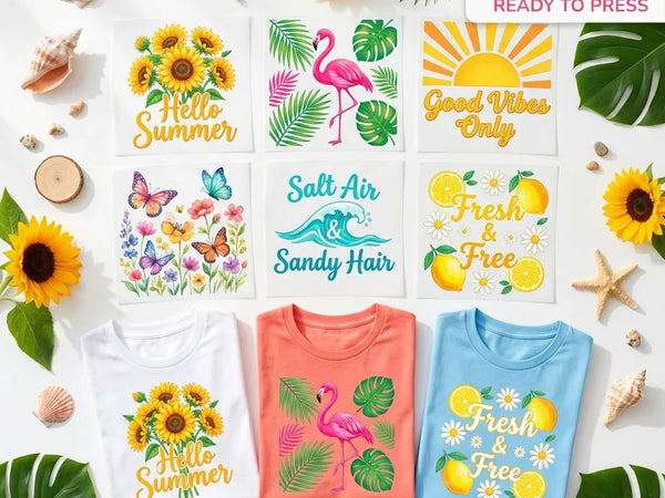 Summer & Spring DTF Transfers Ready To Press — Hello Summer sunflowers, tropical flamingo, Good Vibes Only, butterfly garden, Salt Air & Sandy Hair and Fresh & Free lemon designs shown on white, coral and blue t-shirts by Mugsie