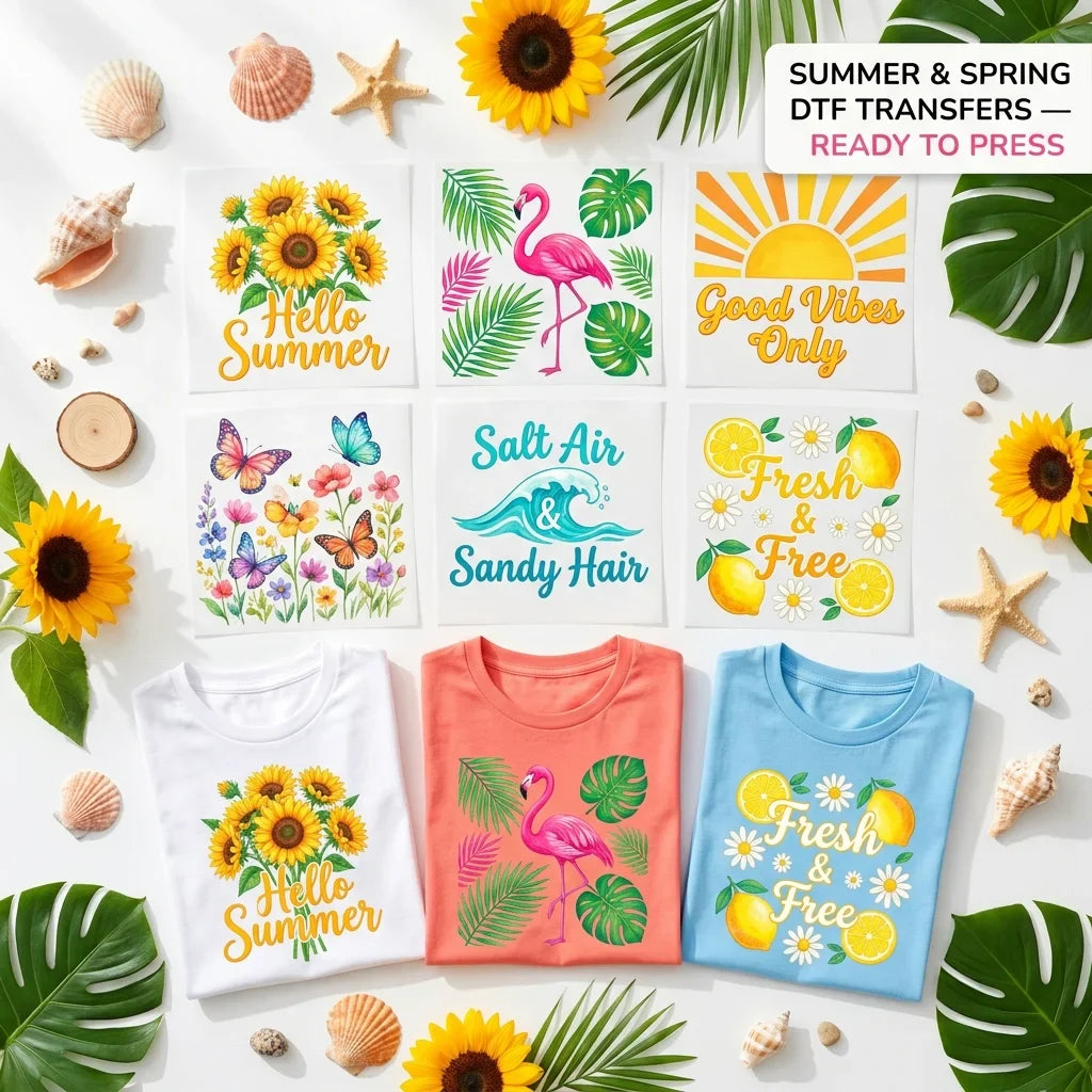 Summer & Spring DTF Transfers Ready To Press — Hello Summer sunflowers, tropical flamingo, Good Vibes Only, butterfly garden, Salt Air & Sandy Hair and Fresh & Free lemon designs shown on white, coral and blue t-shirts by Mugsie