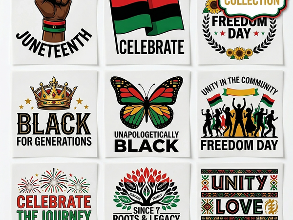 Juneteenth DTF Transfers Ready To Press — Black fist, pan-African flag, Unapologetically Black, Freedom Day, Unity Love Freedom and Roots & Legacy designs by Mugsie