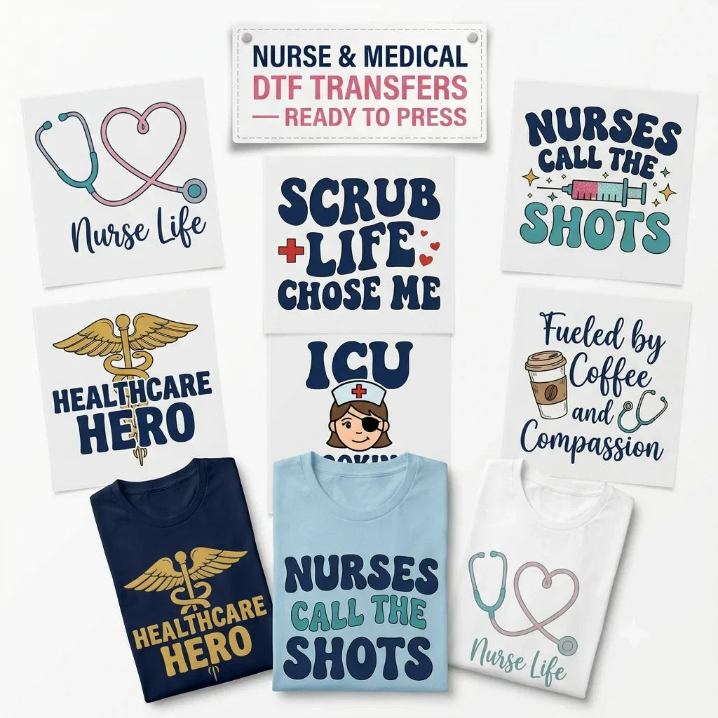Nurse & Medical DTF Transfers Ready To Press — Nurse Life, Scrub Life Chose Me, Healthcare Hero and Nurses Call the Shots designs shown on folded navy, blue and white t-shirts by Mugsie