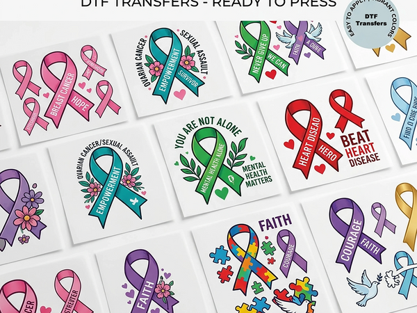 Awareness & Ribbon DTF Transfers Ready To Press — breast cancer, autism, mental health and heart disease ribbon designs