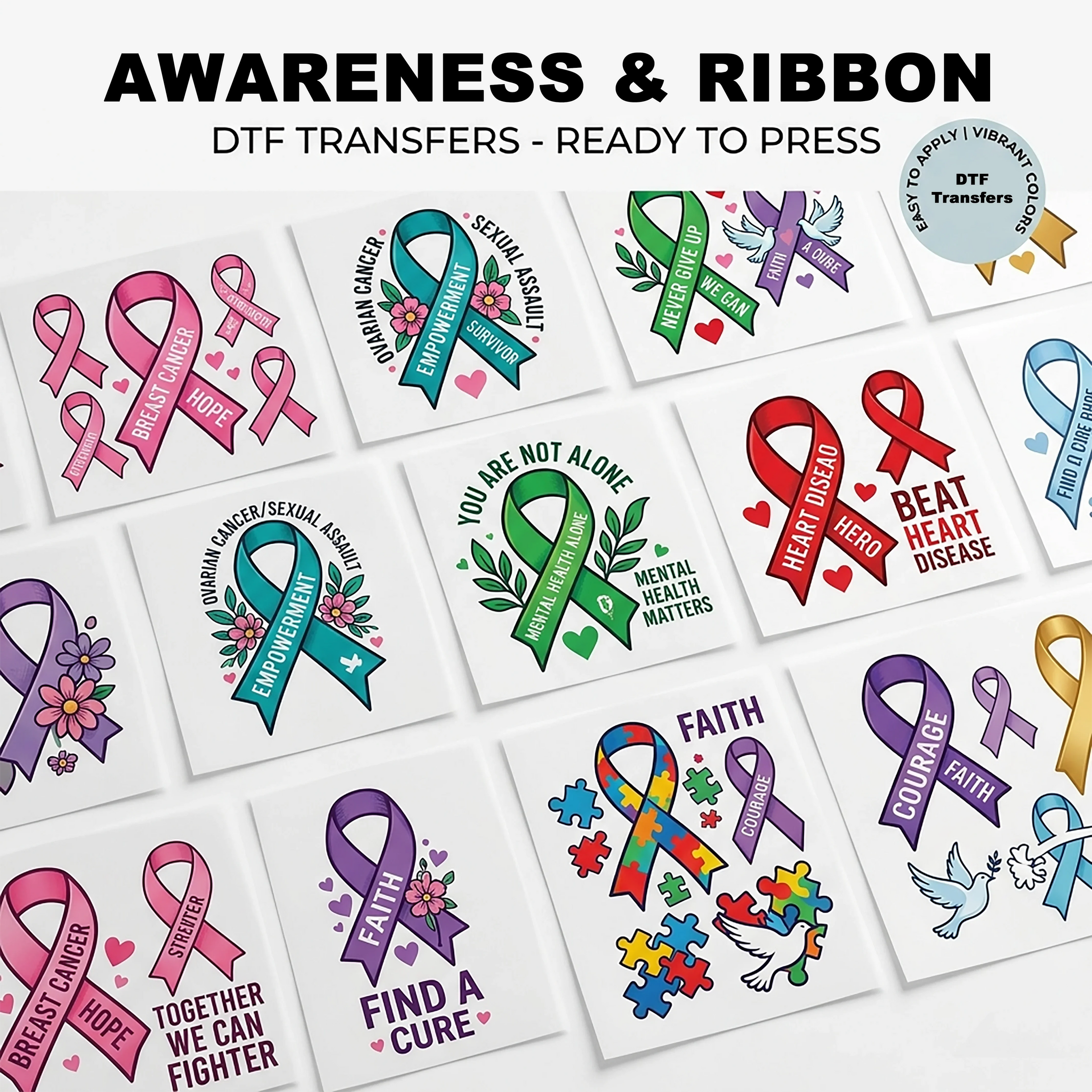 Awareness & Ribbon DTF Transfers Ready To Press — breast cancer, autism, mental health and heart disease ribbon designs