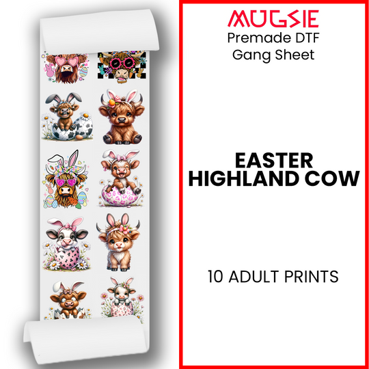 Easter Highland Cow  DTF Transfer Gang Sheets - 22x60 Direct-to-Film