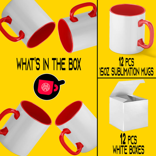 12-Piece Set: 15oz El Grande Red Inner Handle Sublimation Mugs with White Gift Boxes