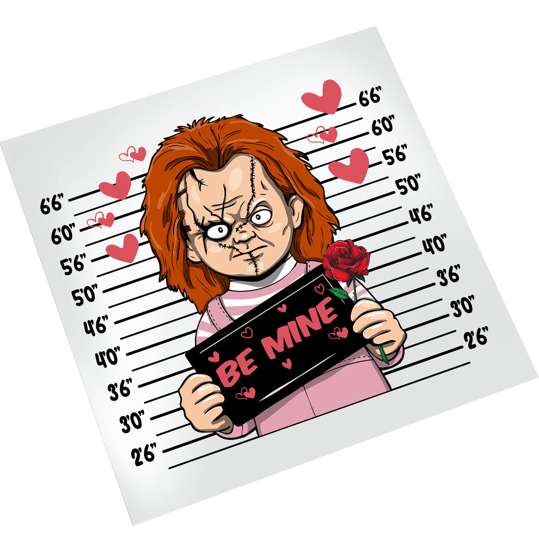 Chucky Be Mine Valentine DTF transfer on white background showing horror character with stitched face holding romantic sign and red rose