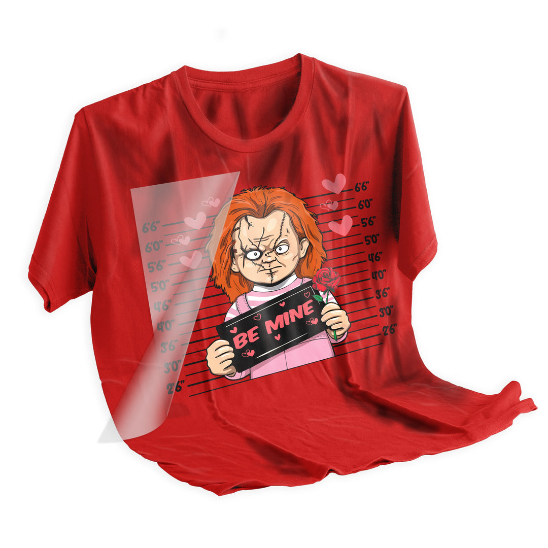 Applied Chucky Be Mine Valentine DTF transfer on dark t-shirt showing final pressed result with vibrant colors and clear detail