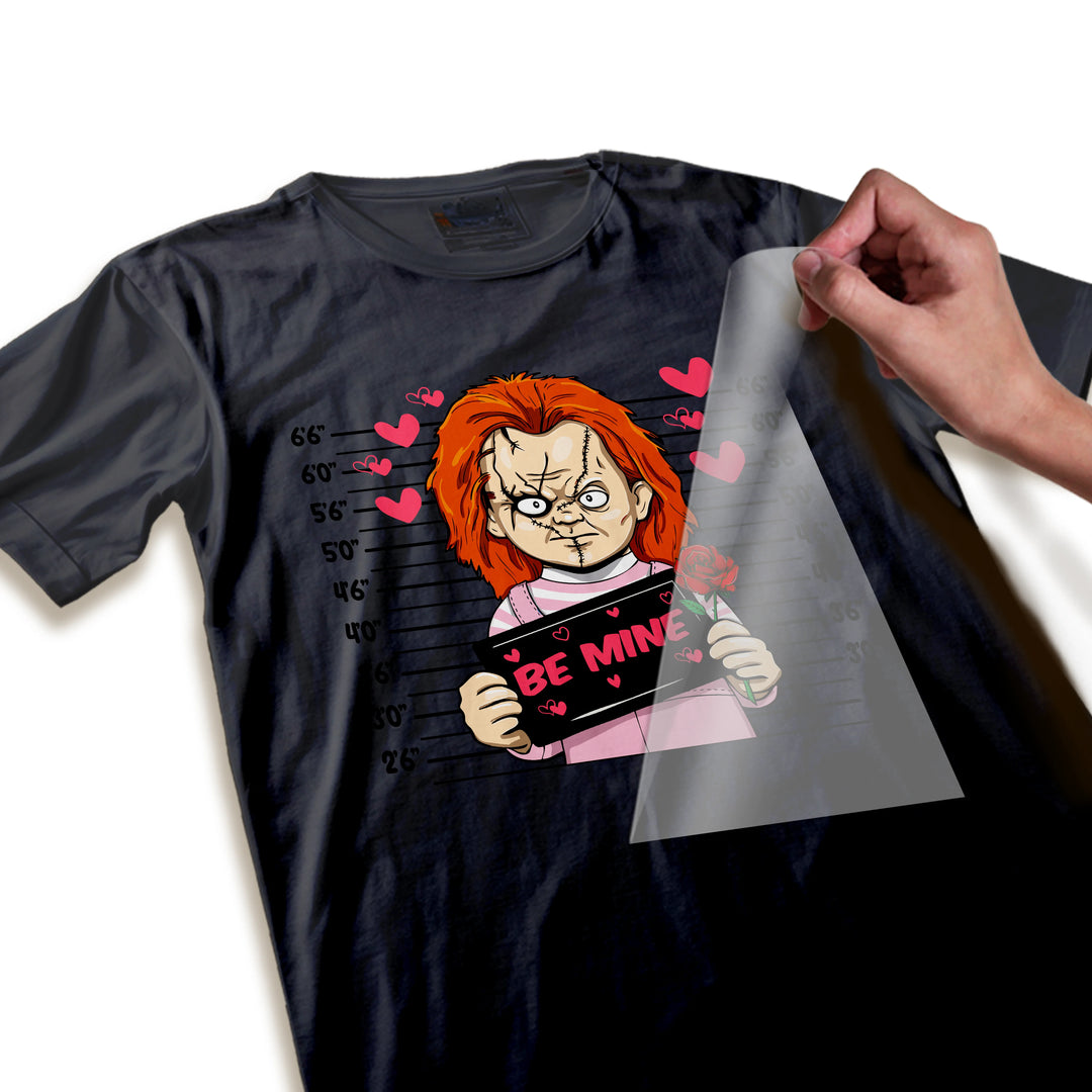 Close-up detail of Chucky Valentine DTF transfer showing high-quality printing resolution, stitched character features, and Be Mine text with heart decorations