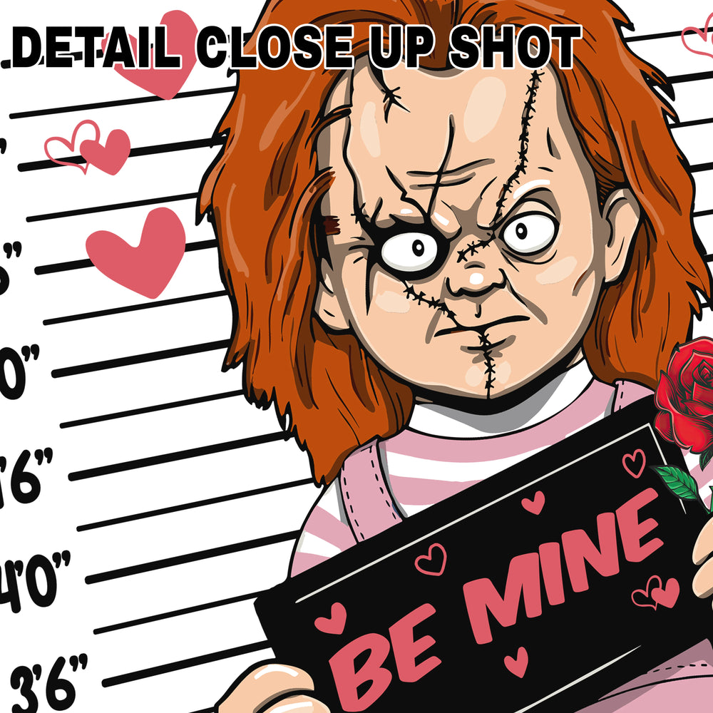 Valentine's Day DTF transfer design featuring cartoon horror doll character holding Be Mine sign with rose against police lineup background with floating hearts
