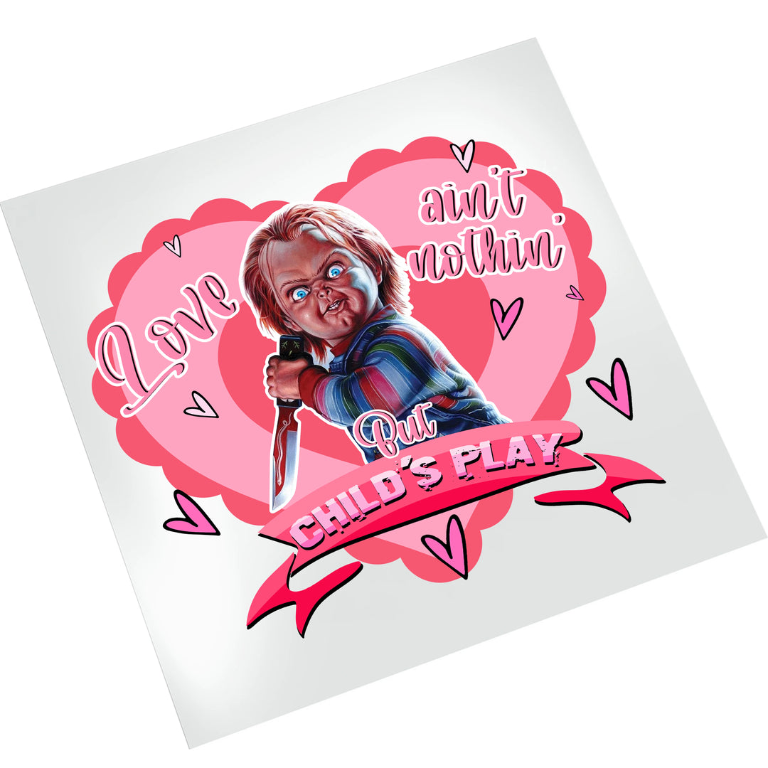 Chucky Valentine horror DTF transfer on white background showing pink heart design with romantic horror theme ready to press