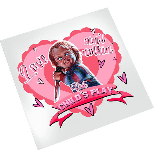 Chucky Valentine horror DTF transfer on white background showing pink heart design with romantic horror theme ready to press