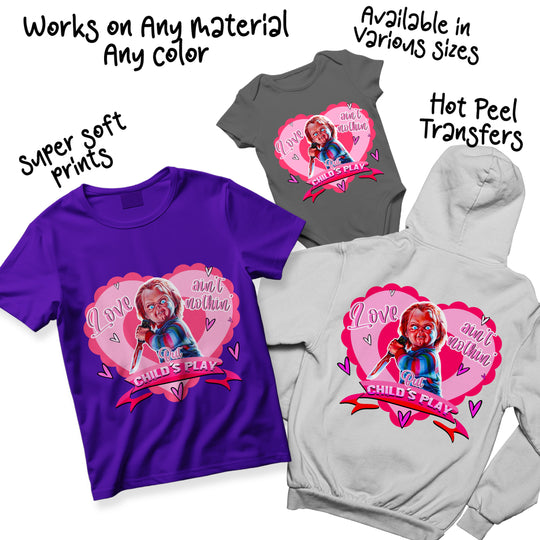 Multi-color Valentine Chucky DTF transfer variations showing different colorway options for horror romance design