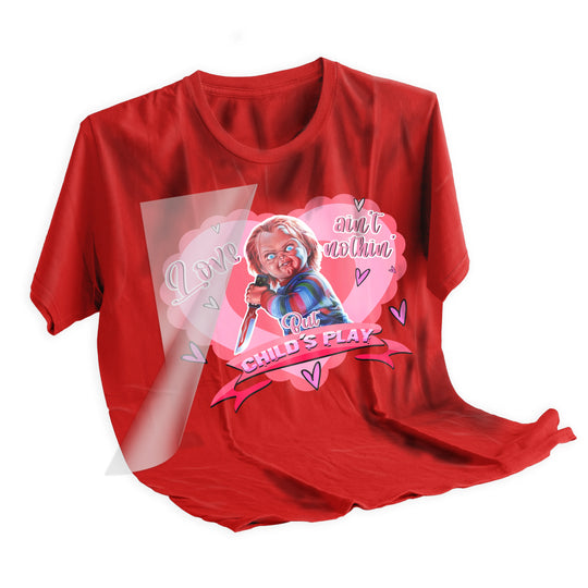 Applied Chucky Valentine DTF transfer on black t-shirt showing final pressed result with pink heart and horror character