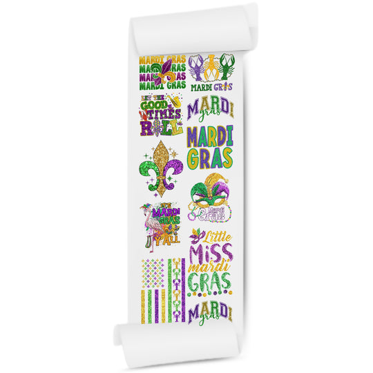 Mardi Gras Sequin Glitter Faux DTF Transfers: 22x60 Direct-to-Film Gang Sheets