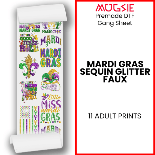 Mardi Gras Sequin Glitter Faux DTF Transfers: 22x60 Direct-to-Film Gang Sheets