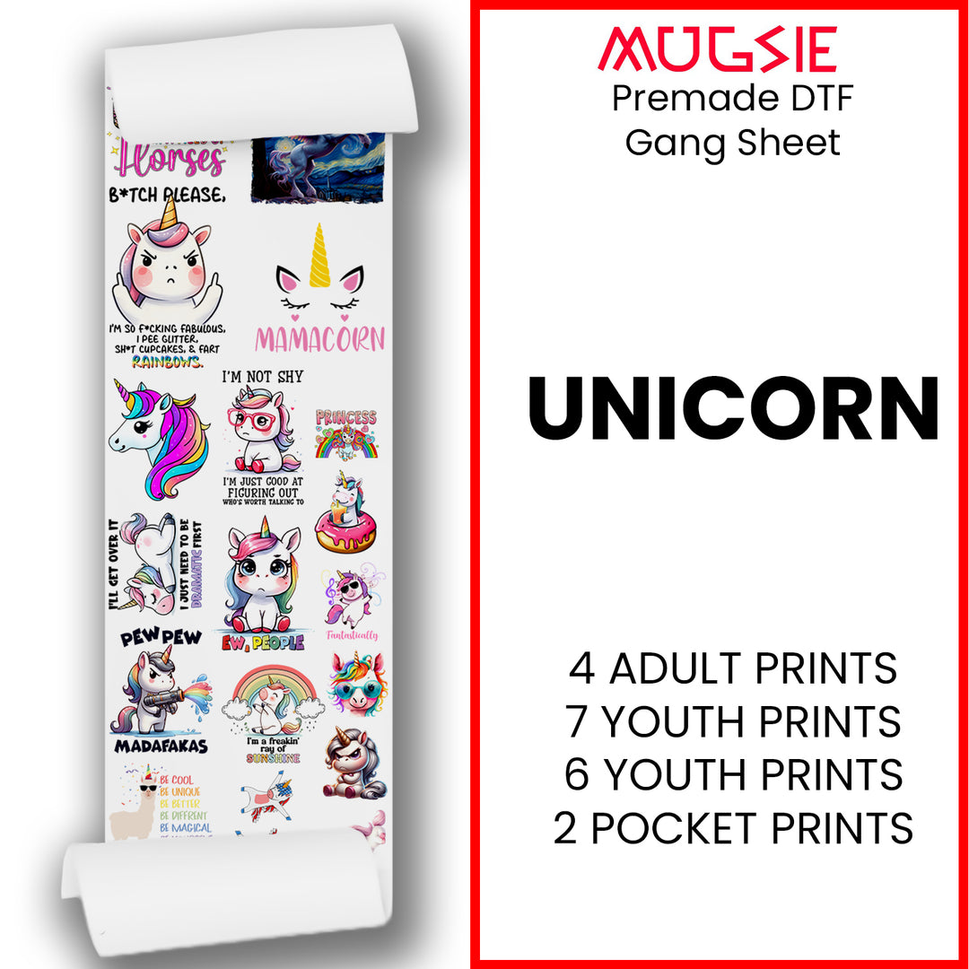 Unicorn DTF Transfer Gang Sheets - 22x60 Direct-to-Film