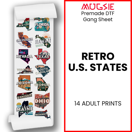 Retro U.S. States DTF Transfer Gang Sheets - 22x60 Direct-to-Film