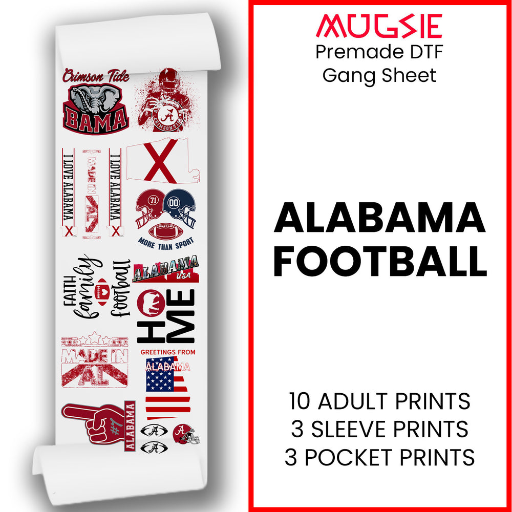 Alabama Football DTF Transfer 22x60 Direct-to-Film Gang Sheets