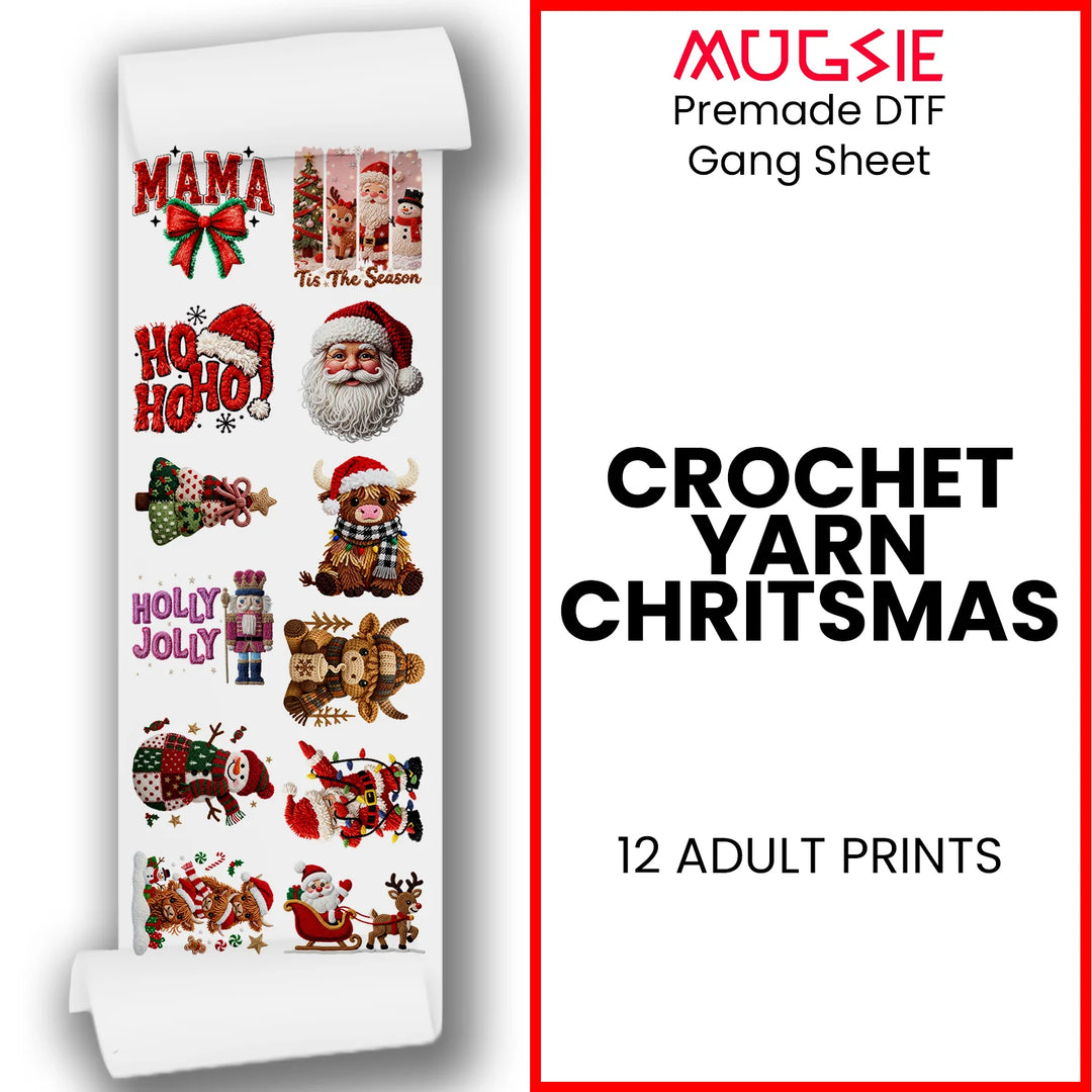Crochet yarn Christmas DTF transfers gang sheet 22x60 inches with 12 ready to press designs including MAMA, Ho Ho Ho, Santa, highland cow, nutcracker and reindeer on white background