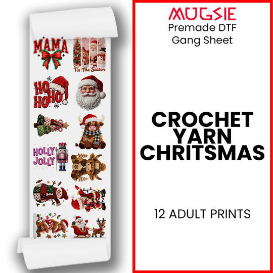 Crochet yarn Christmas DTF transfers gang sheet 22x60 inches with 12 ready to press designs including MAMA, Ho Ho Ho, Santa, highland cow, nutcracker and reindeer on white background