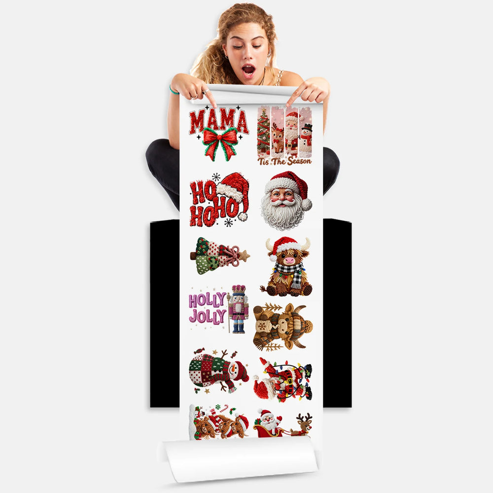 Woman holding Christmas crochet DTF transfers gang sheet showing knit-textured holiday designs ready to press onto t-shirts and apparel