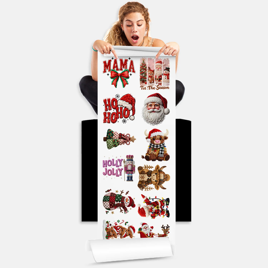 Woman holding Christmas crochet DTF transfers gang sheet showing knit-textured holiday designs ready to press onto t-shirts and apparel