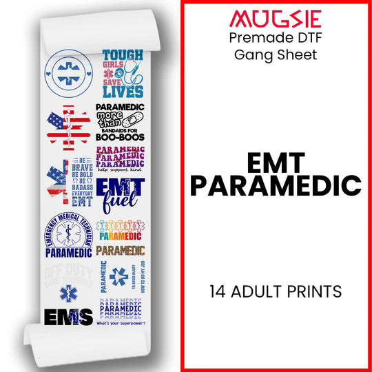EMT Paramedic DTF transfer gang sheet 22x60 with 14 designs including Star of Life symbols and patriotic EMS graphics