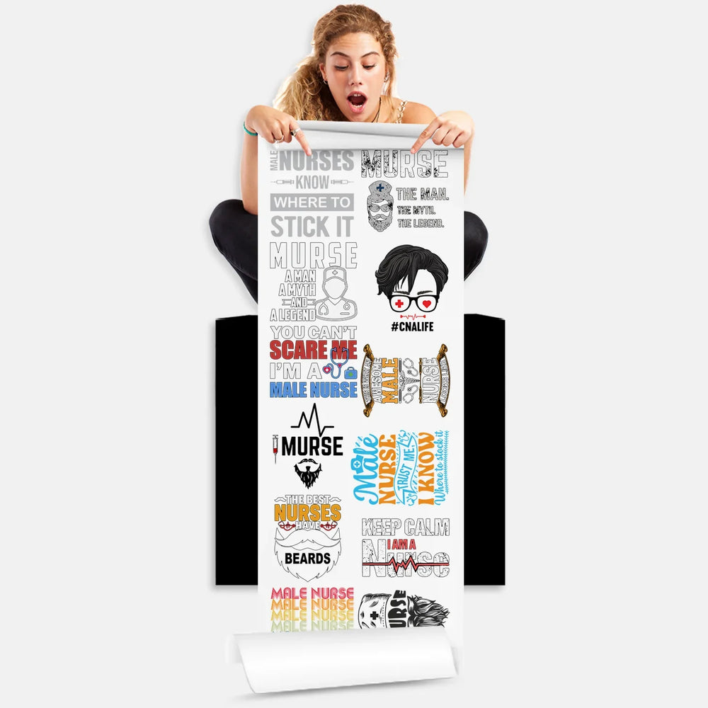 Person holding male nurse DTF gang sheet with 12 healthcare professional designs ready for heat press application