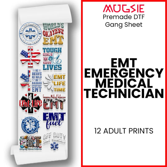 EMT Emergency Medical Technician DTF Gang Sheet title graphic showing 12 adult-sized transfer designs for medical pros