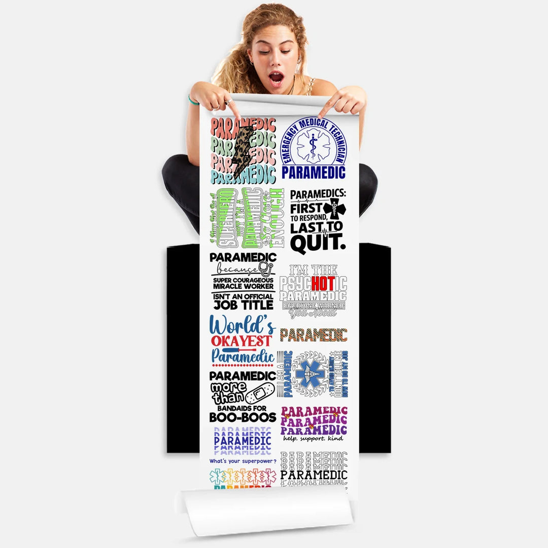 Person holding paramedic superpower DTF gang sheet with 12 medical hero designs ready to press on apparel