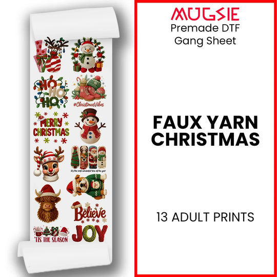Yarn Christmas DTF Transfers Gang Sheet 13 adult-sized Christmas transfer ready to press