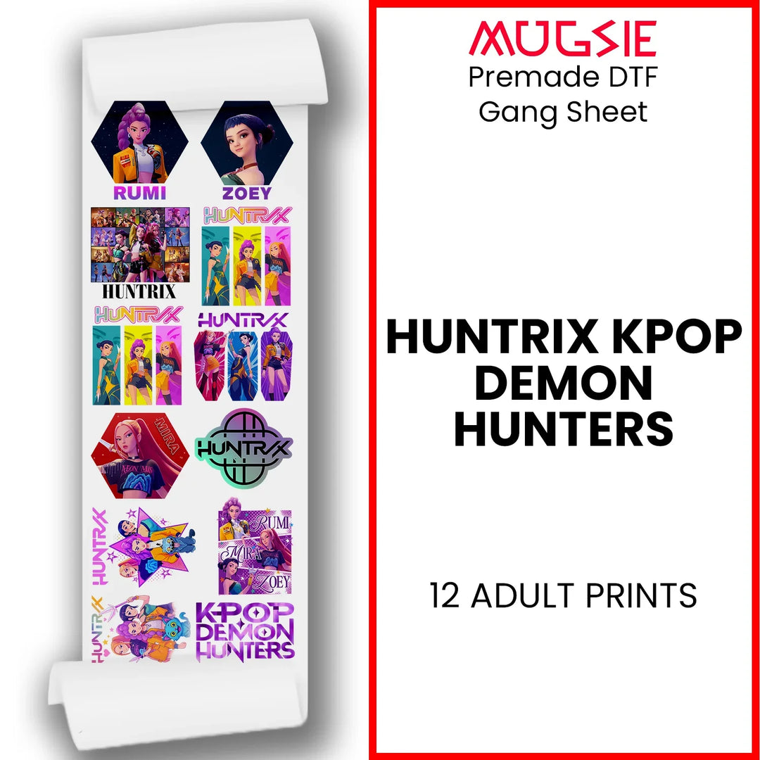 Huntrix Kpop Demon Hunters Ready to press DTF Transfers gang sheet showing anime characters Rumi and Zoey with colorful prints