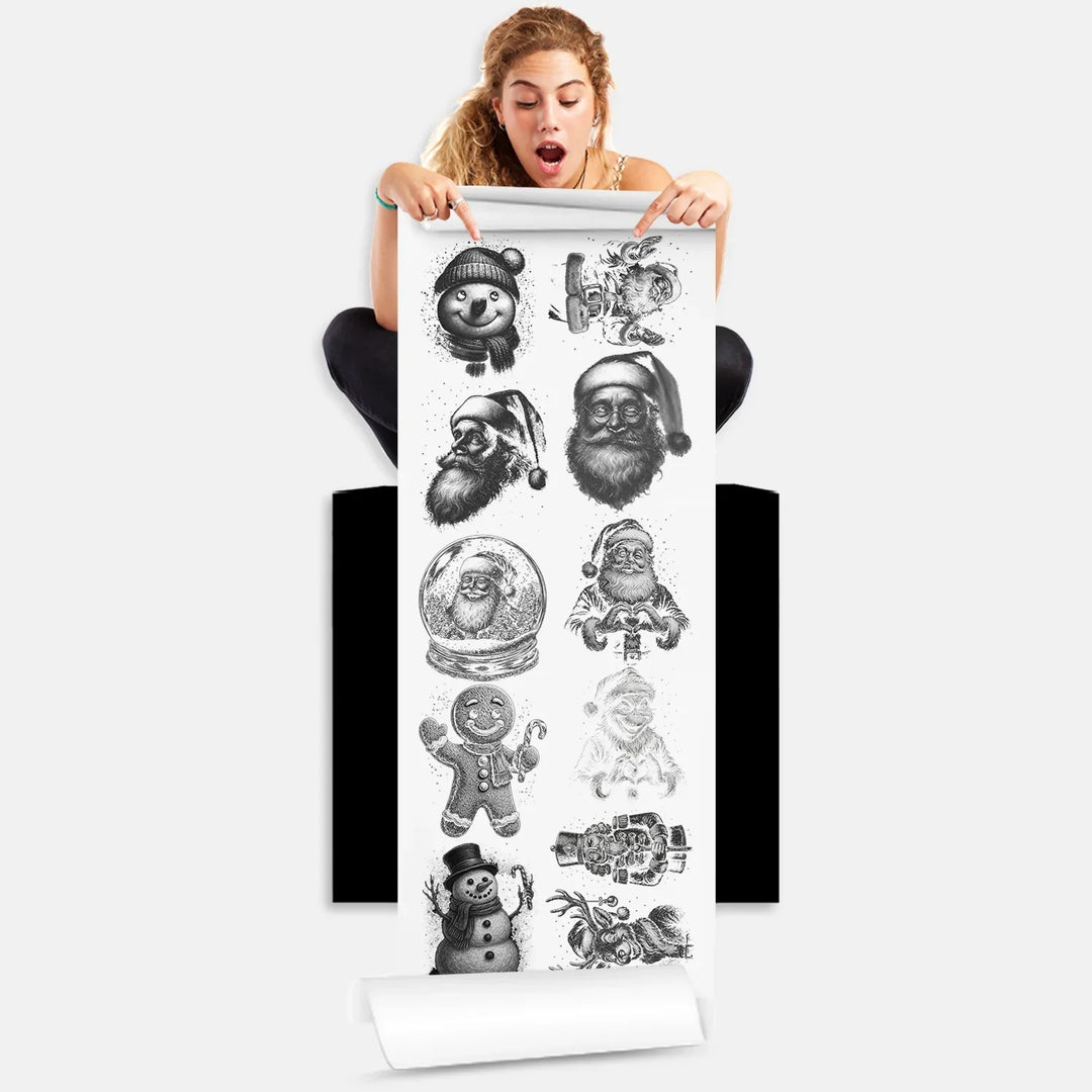 Person holding Christmas DTF gang sheet with 11 retro halftone Santa, snowman and reindeer designs