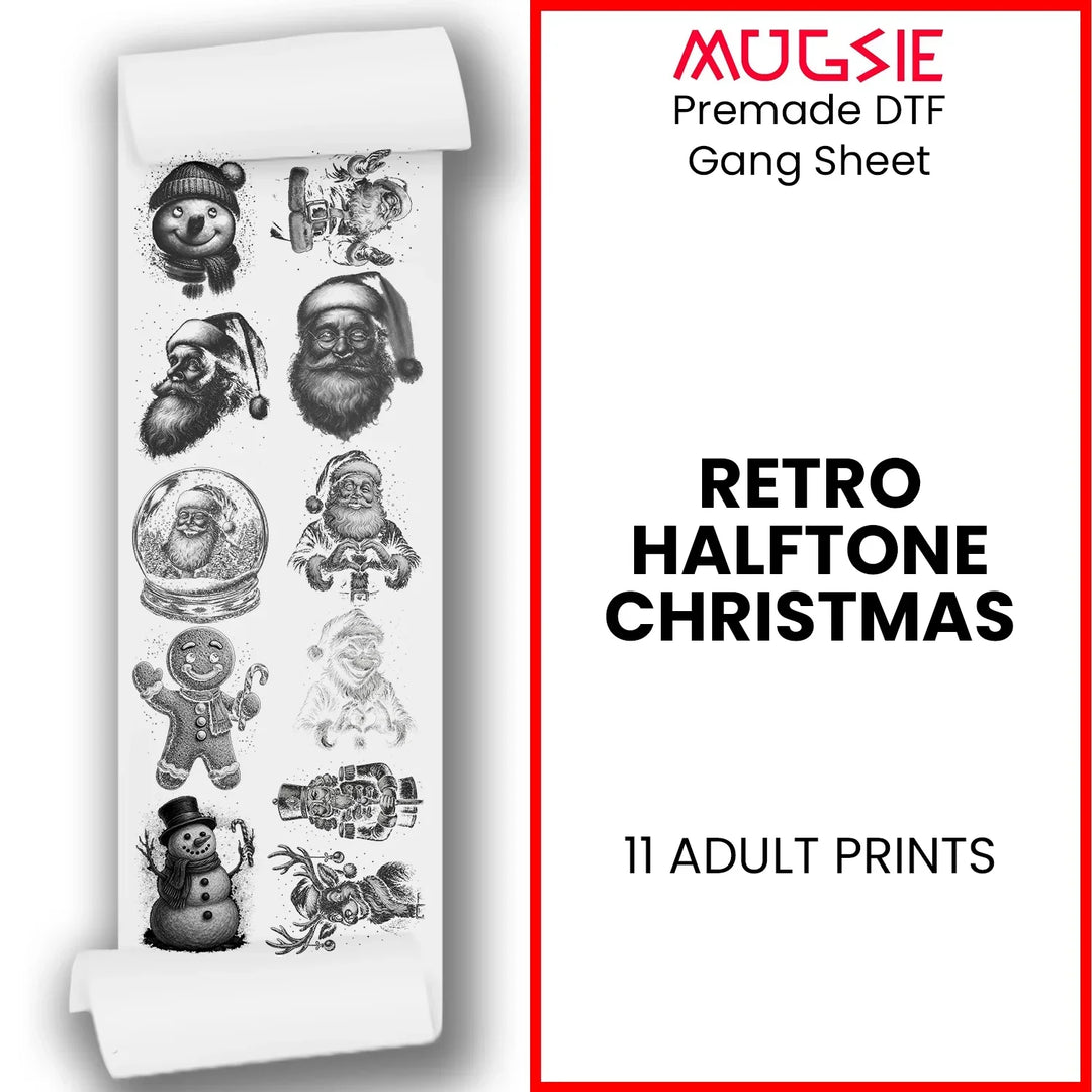 Christmas DTF transfers gang sheet title graphic showing 11 retro halftone holiday designs