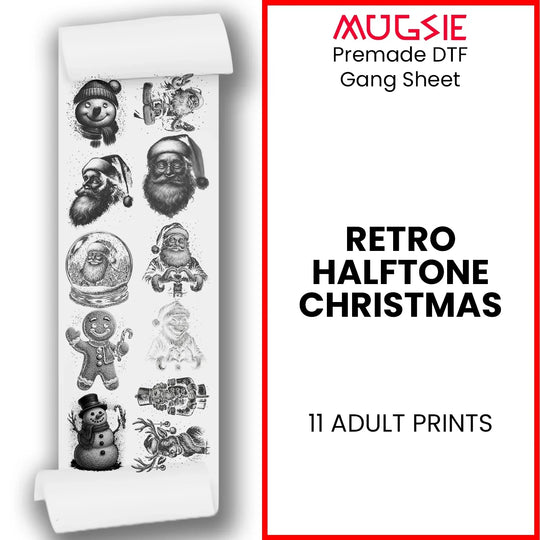 Christmas DTF transfers gang sheet title graphic showing 11 retro halftone holiday designs