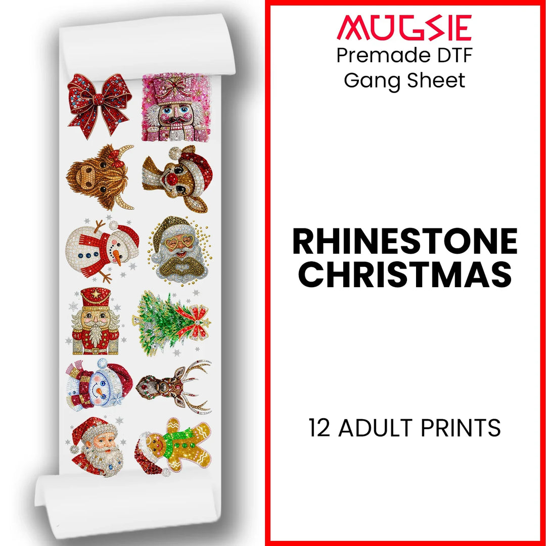 Christmas DTF transfers gang sheet title graphic showing 12 rhinestone holiday designs