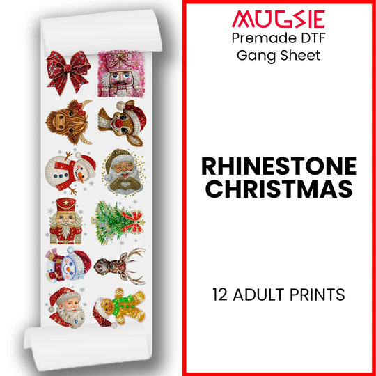 Christmas DTF transfers gang sheet title graphic showing 12 rhinestone holiday designs