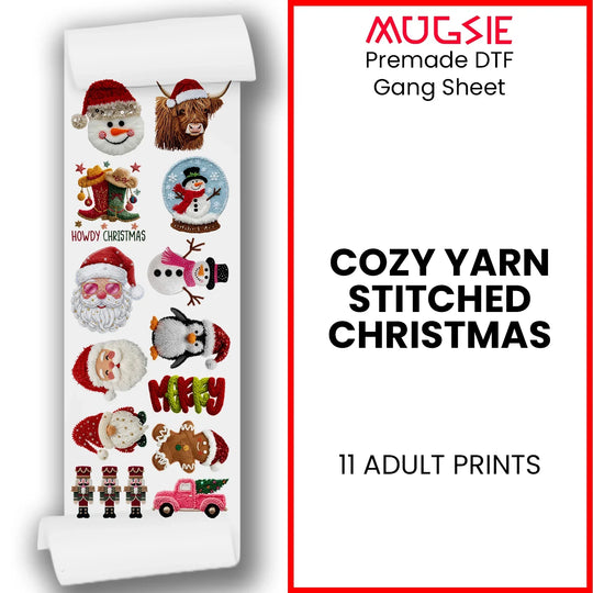 Christmas DTF transfers gang sheet showing 11 cozy yarn stitched holiday designs
